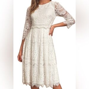 Lulus Forever Your Love White Lace Three-Quarter Sleeve Midi Dress